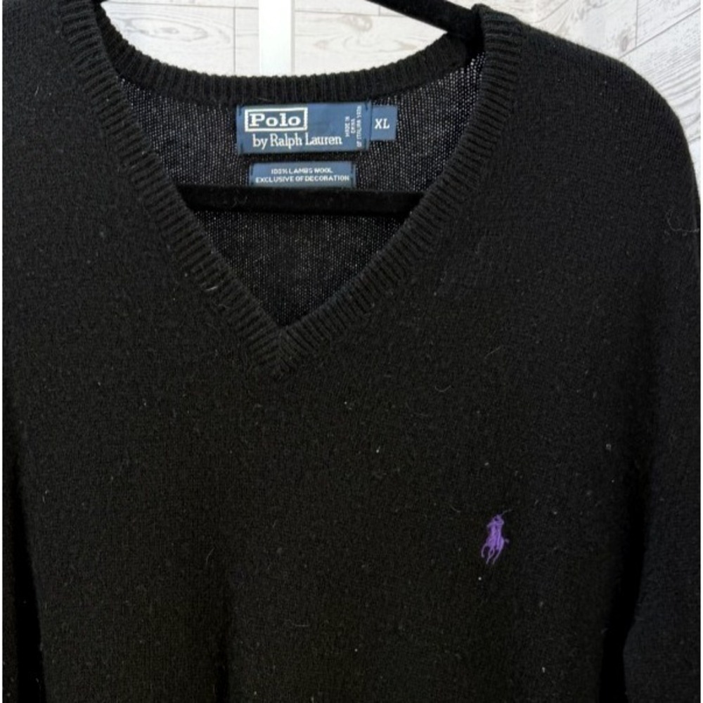 VTG Polo Ralph Lauren Men's 100% Lambs Wool V-Neck Sweater Black XL XLARGE